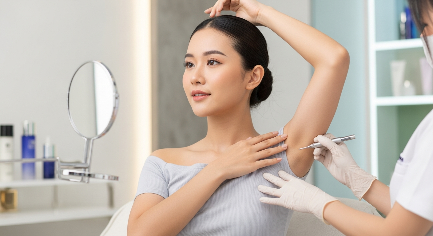 ワキガのセルフチェック項目を確認しながら脇の状態を気にする女性｜リノクリニック東銀座