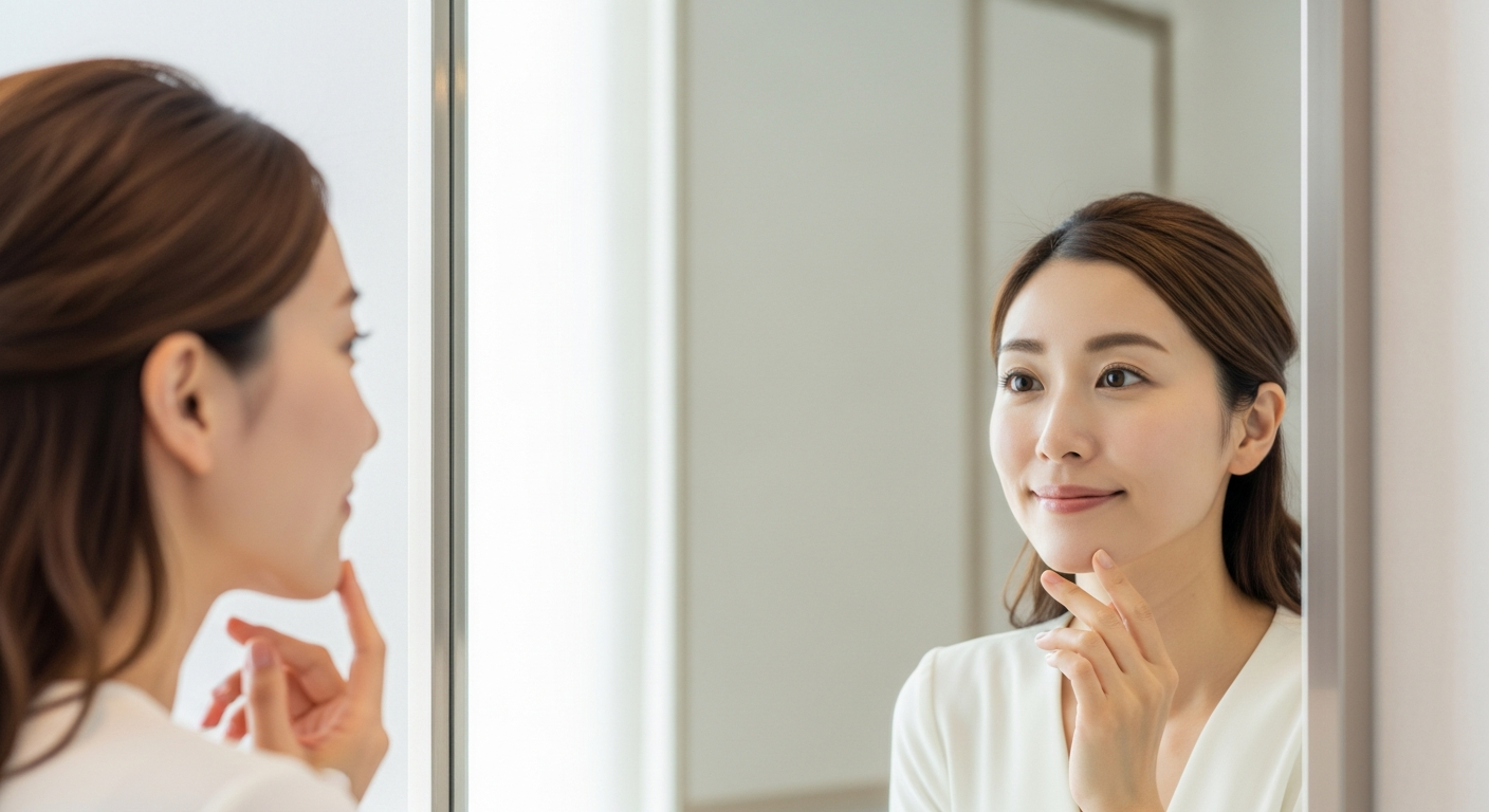 線維芽細胞治療後に鏡で肌のハリを確認する女性のイメージ｜リノクリニック東銀座