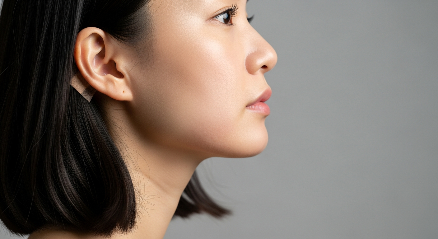 糸リフト施術後のフェイスラインを鏡で確認する女性の横顔｜リノクリニック東銀座