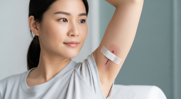 腋臭症の術後に脇を圧迫固定しているイメージと安静にする女性の様子