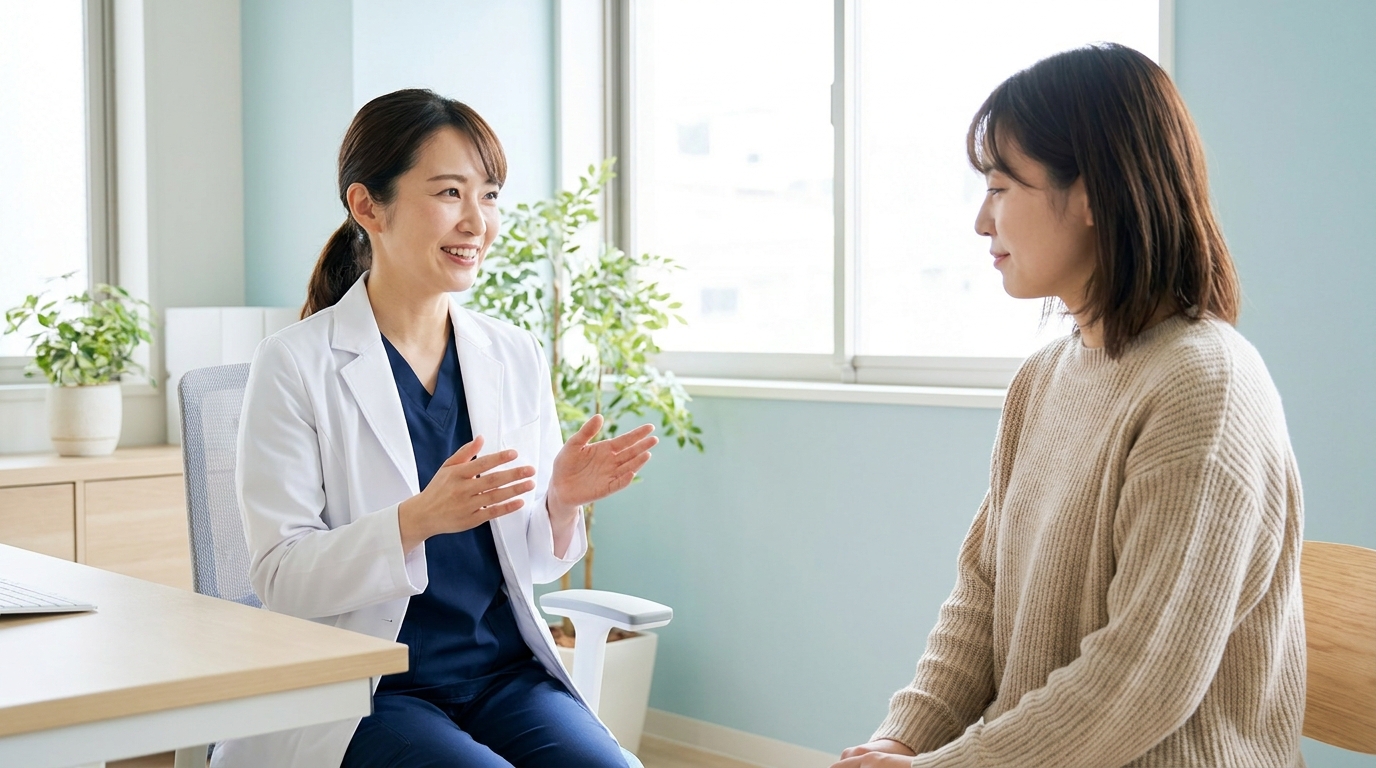 クリニックの診察室で医師から脇の治療方法について説明を受ける患者|リノクリニック東銀座