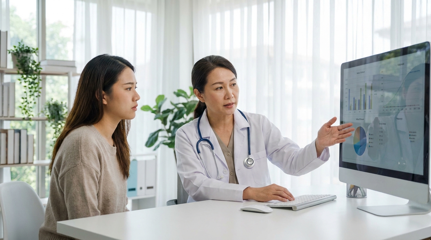 カウンセリングルームで医師から術式の説明を受ける女性のイメージ｜リノクリニック東銀座
