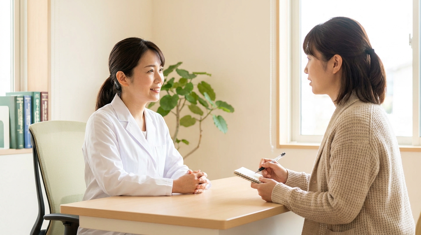 診察室で医師から脇の治療方針について説明を受ける患者｜リノクリニック東銀座