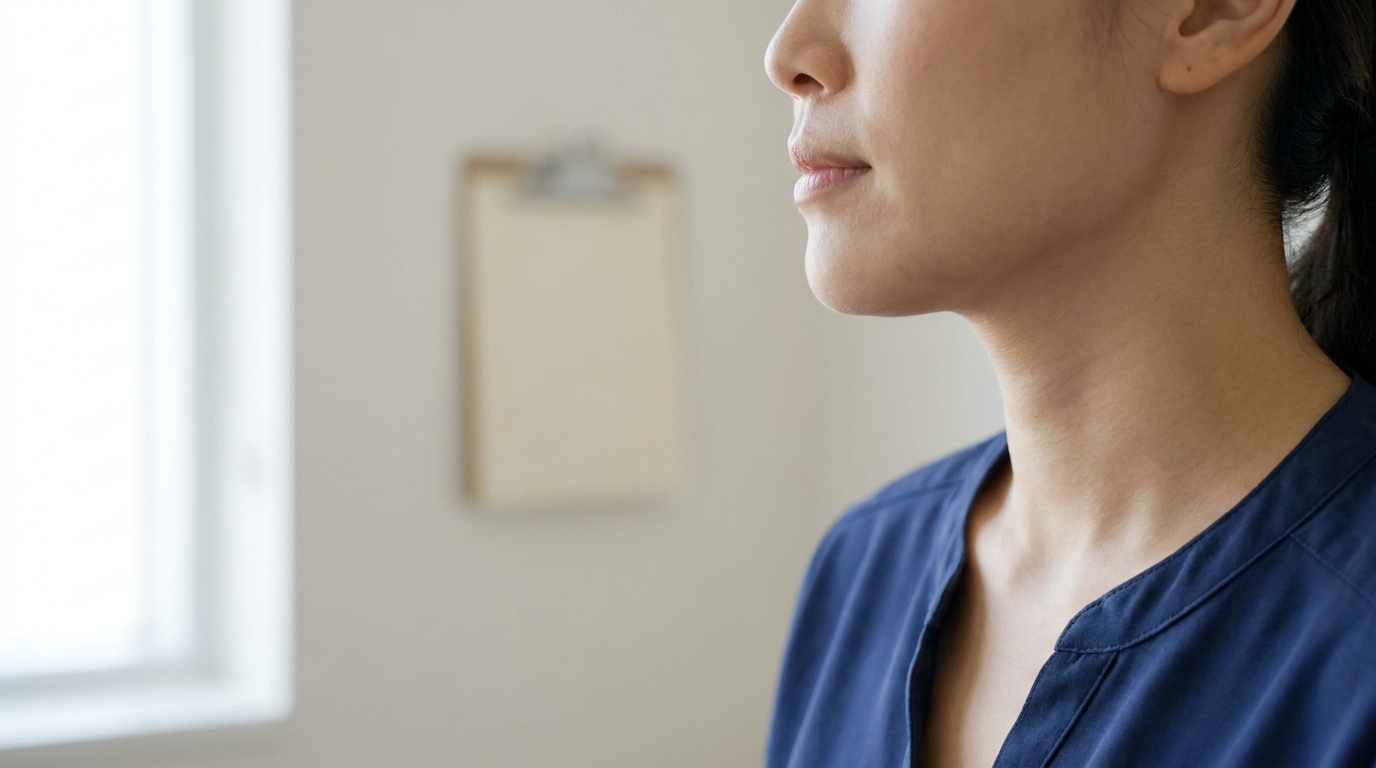 鏡の前でフェイスラインを指で持ち上げて確認する40代女性の横顔｜リノクリニック東銀座