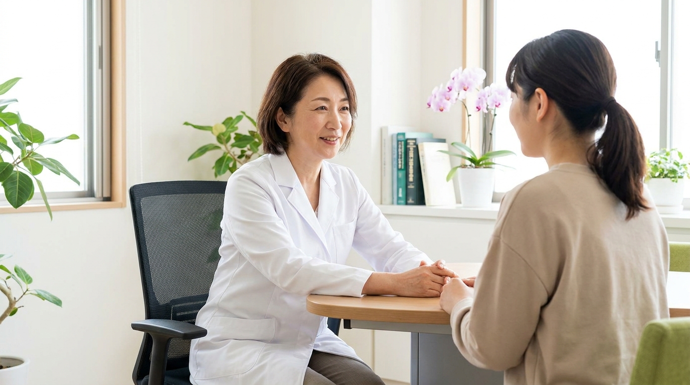 診察室で脇の臭いの悩みについて医師の説明を受ける女性患者|リノクリニック東銀座
