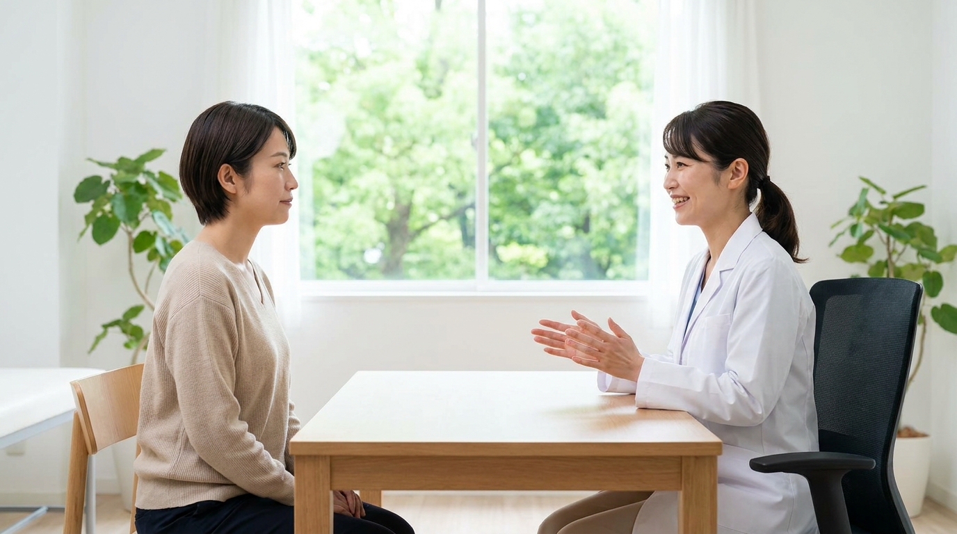 脇の臭いや汗ジミの悩みについて医師の説明を受ける診察室の女性｜リノクリニック東銀座