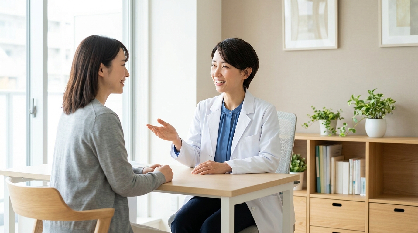 診察室で医師から腋臭症の治療方法について説明を受ける患者のイメージ｜リノクリニック東銀座