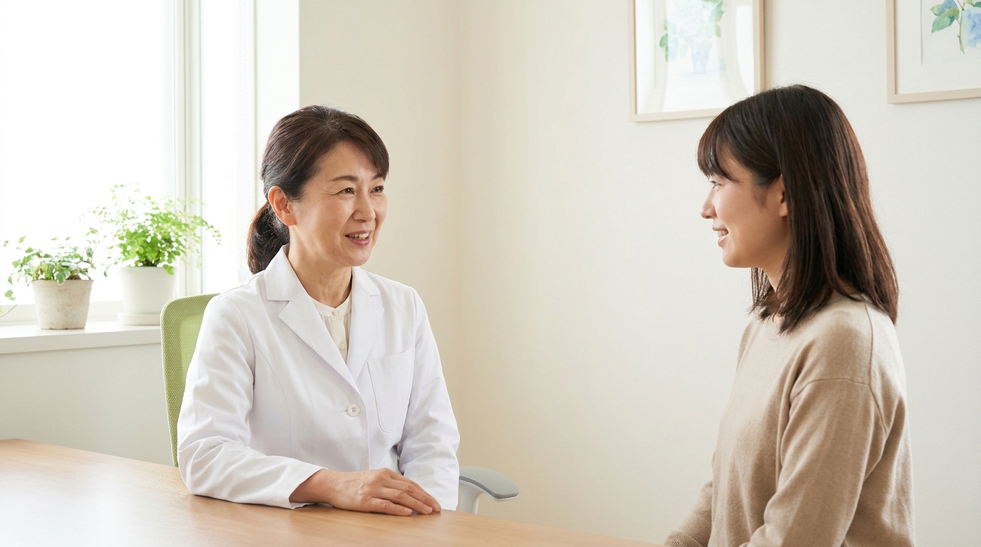診察室で脇の悩みについて医師の説明を受けている女性患者のイメージ|リノクリニック東銀座
