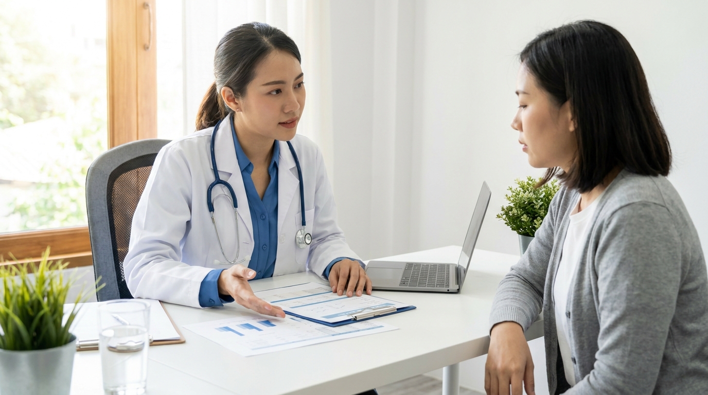 カウンセリングルームで費用の内訳表を見ながら医師の説明を聞く女性｜リノクリニック東銀座